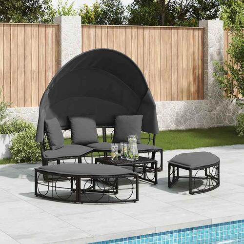 Udendørs loungeseng med tag og hynder polyrattan sort