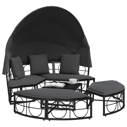 Udendørs loungeseng med tag og hynder polyrattan sort