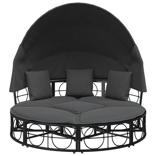 Udendørs loungeseng med tag og hynder polyrattan sort