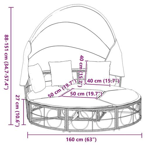 Udendørs loungeseng med tag og hynder polyrattan sort