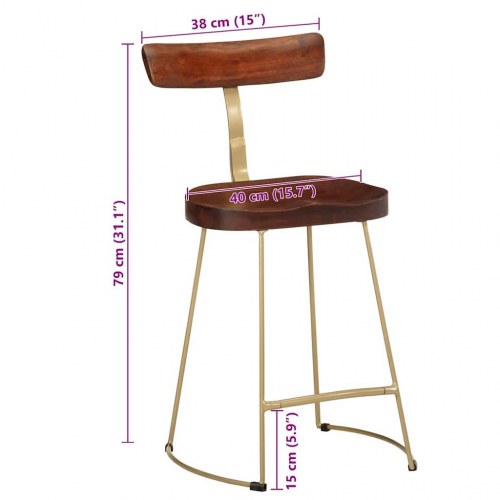 Barstole sæt - 2 stk. i massivt mangotræ med metalben, 49×43×79 cm - brun