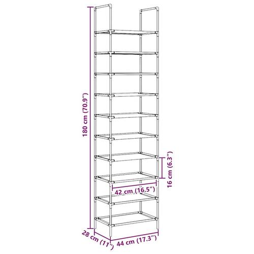Skostativ 10-etagers 44x28x180 cm ikke-vævet stof sort
