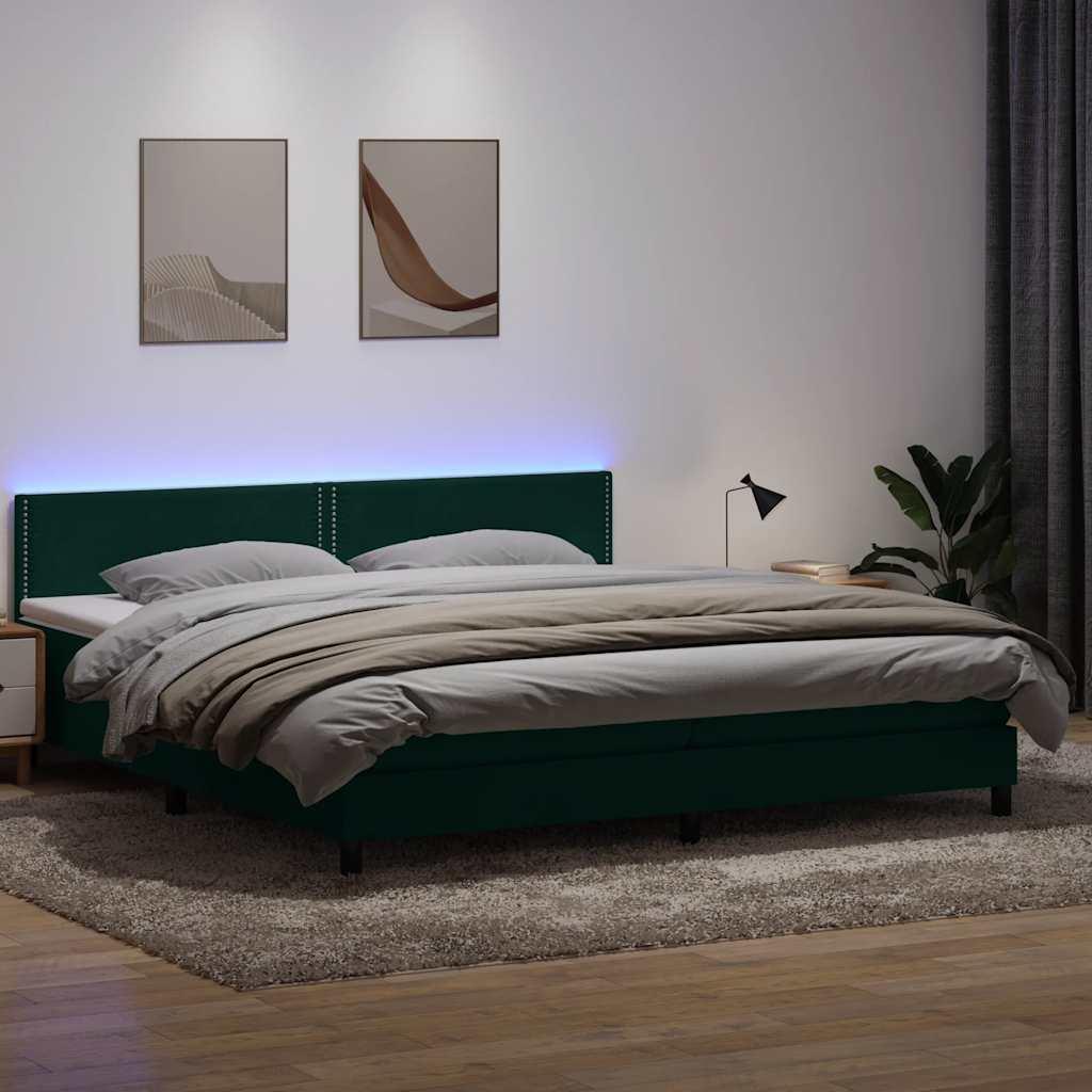 Kontinentalseng med madras og LED-lys 180x220 cm fløjl mørkegrøn billede