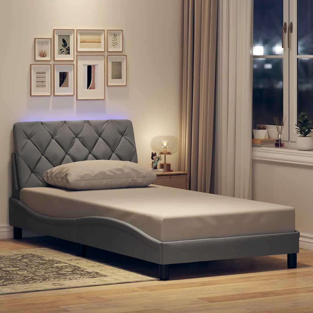 Sengeramme med LED uden madras 100x200 cm stof lysegrå