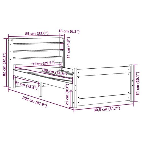 Sengeramme med sengegavl 75x190 cm massivt fyrretræ