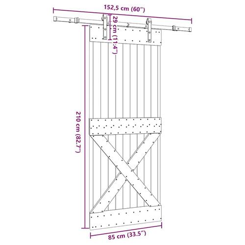 Skydedør med monteringssæt 85x210 cm massivt fyrretræ