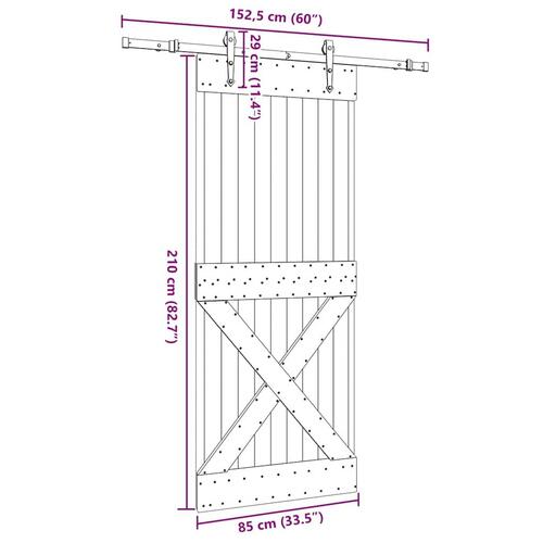 Skydedør med monteringssæt 85x210 cm massivt fyrretræ