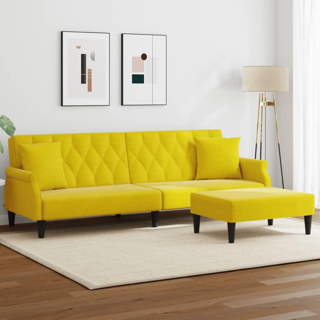 2-personers sovesofa med puder og fodskammel velour gul