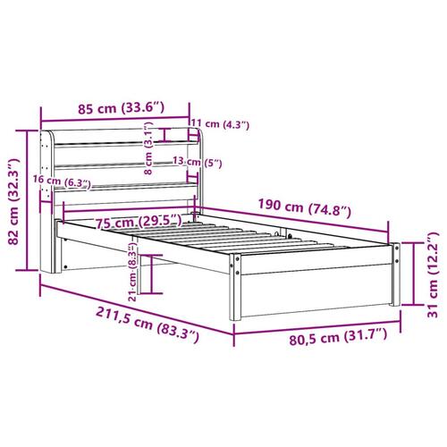 Sengeramme med sengegavl 75x190 cm massivt fyrretræ