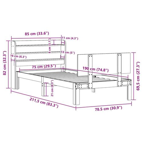 Sengeramme med sengegavl 75x190 cm massivt fyrretræ hvid