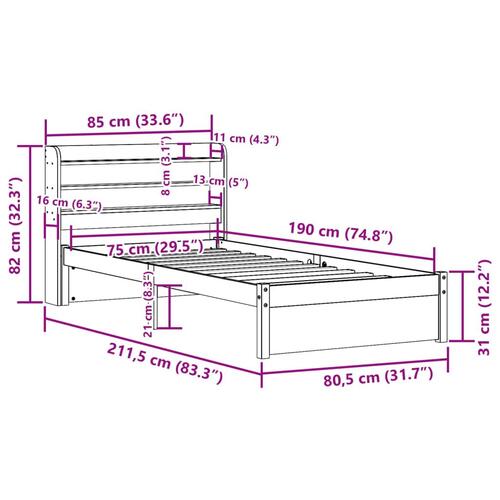 Sengeramme med sengegavl 75x190 cm massivt fyrretræ hvid