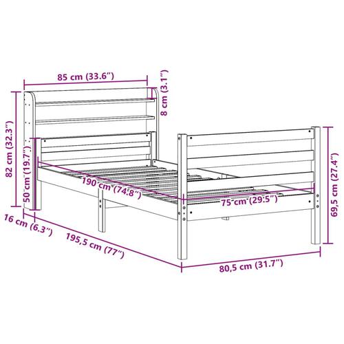 Sengeramme med sengegavl 75x190 cm massivt fyrretræ