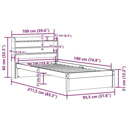 Sengeramme med sengegavl 90x190 cm massivt fyrretræ