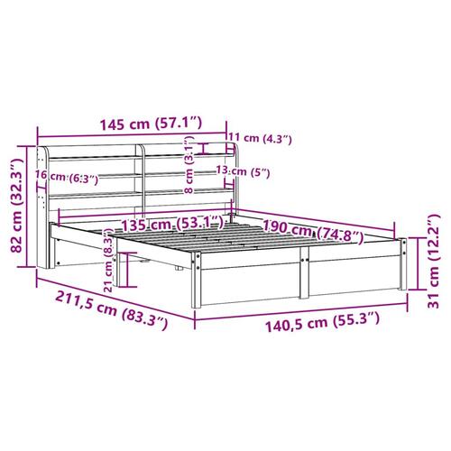 Sengeramme med sengegavl 135x190 cm massivt fyrretræ hvid