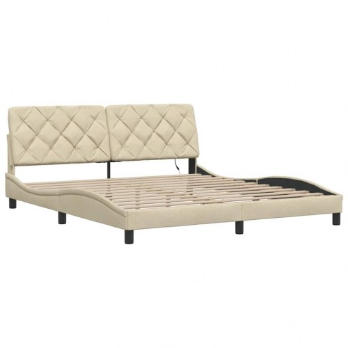 Sengeramme med LED og sengegavl 180x200 cm stof cremefarvet