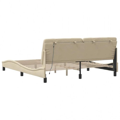 Sengeramme med LED og sengegavl 180x200 cm stof cremefarvet