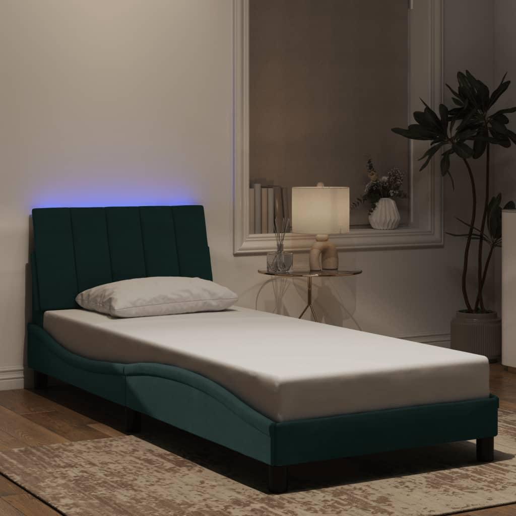 Sengeramme med LED-lys 90x200 cm velour mørkegrøn