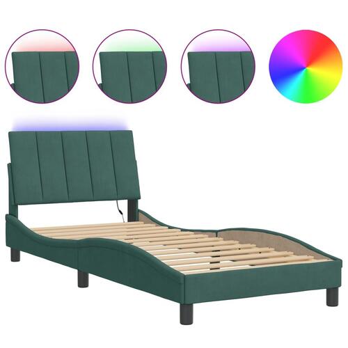 Sengeramme med LED-lys 90x200 cm velour mørkegrøn