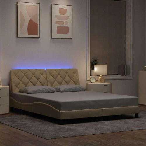 Sengeramme med LED uden madras 160 x 200 cm stof cremefarvet