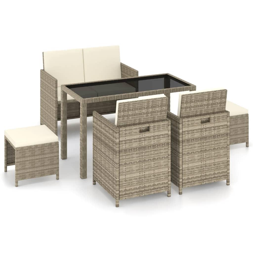 Udendørs spisebordssæt 6 dele med hynder polyrattan beige