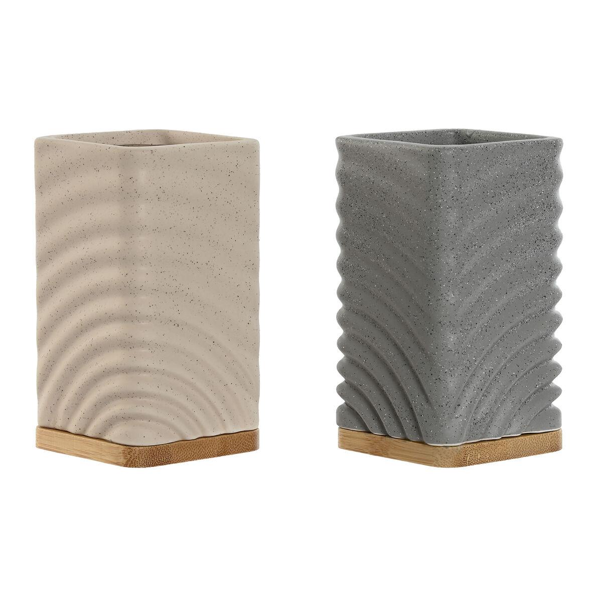 Tandbørsteholder, grå & flødefarvet, bambus/dolomit, 7 × 7 × 12 cm (sæt á 2)
