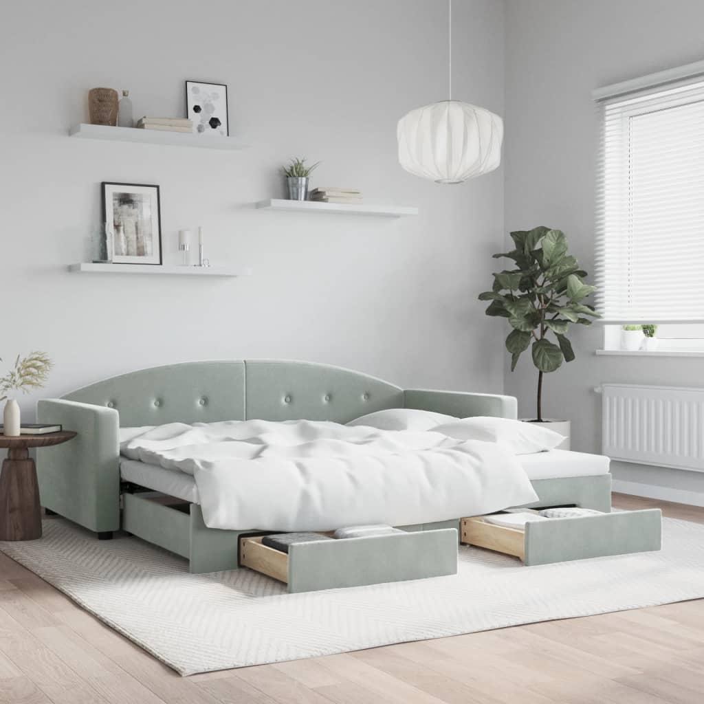 Daybed Velour Lysegrå - med udtræk og skuffe / 90 x 190 cm
