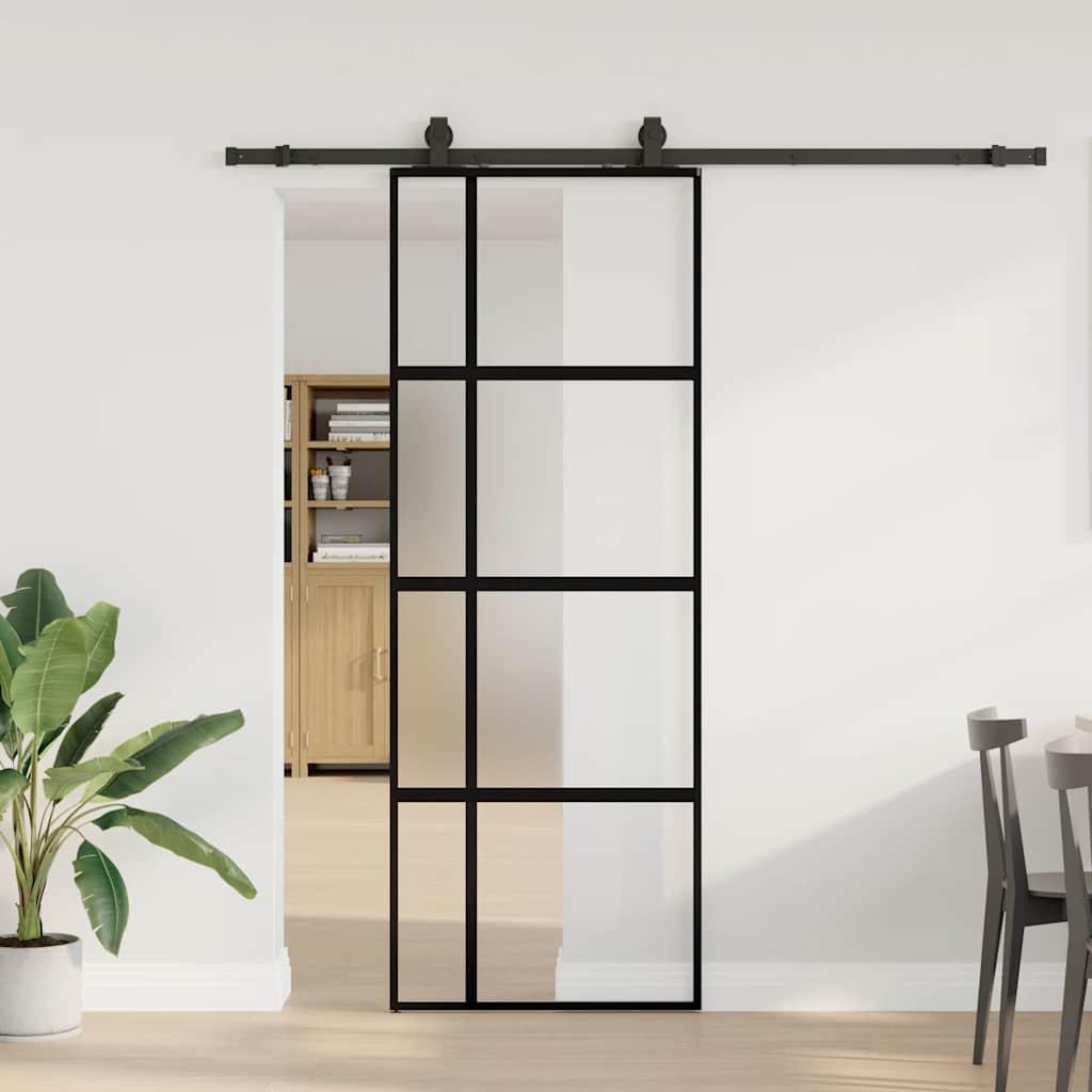 Skydedør 76×205 cm i hærdet glas med sort hardwaresæt billede