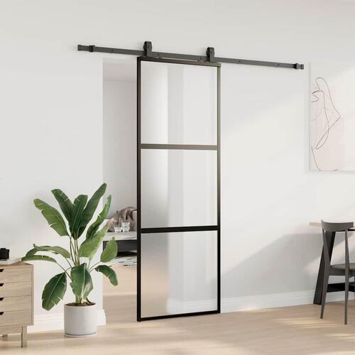 Skydedør med hardwaresæt 76x205 cm hærdet glas sort