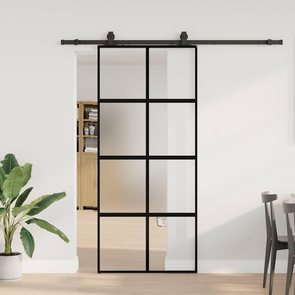 Skydedør med hardwaresæt 90x205 cm hærdet glas sort billede