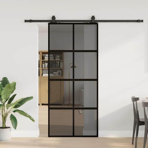 Skydedør med hardwaresæt 90x205 cm hærdet glas sort