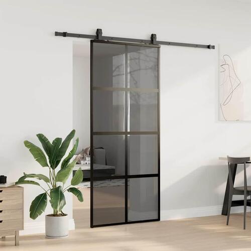 Skydedør med hardwaresæt 90x205 cm hærdet glas sort