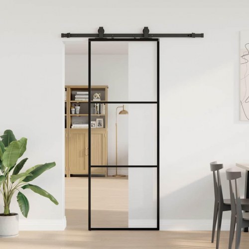 Skydedør 76×205 cm i ESG-glas med sort hardwaresæt