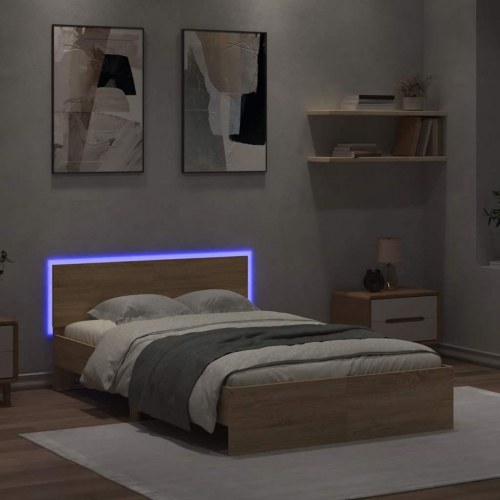 Sengeramme med sengegavl og LED-lys 140 x 190 cm - sonoma-eg