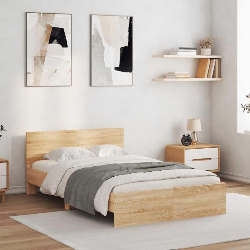 Sengeramme med sengegavl og LED-lys 140 x 190 cm - sonoma-eg