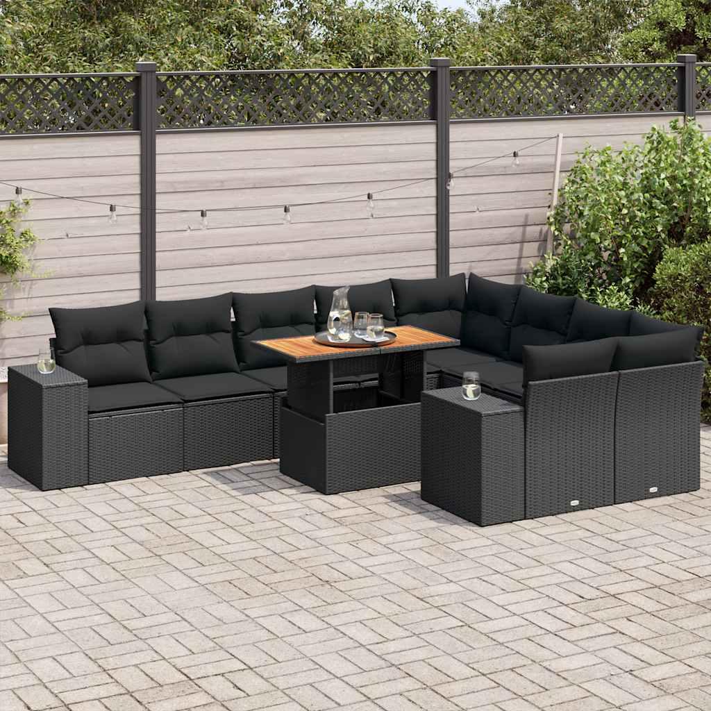 Sofasæt til haven 10 dele med hynder polyrattan akacietræ sort billede