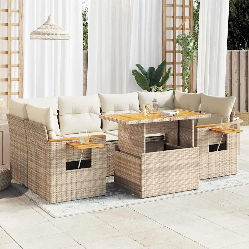 Sofasæt til haven 7 dele med hynder i polyrattan og akacietræ - beige
