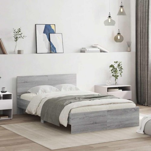 Sengeramme med sengegavl og LED-lys 140 x 190 cm - grå sonoma-eg
