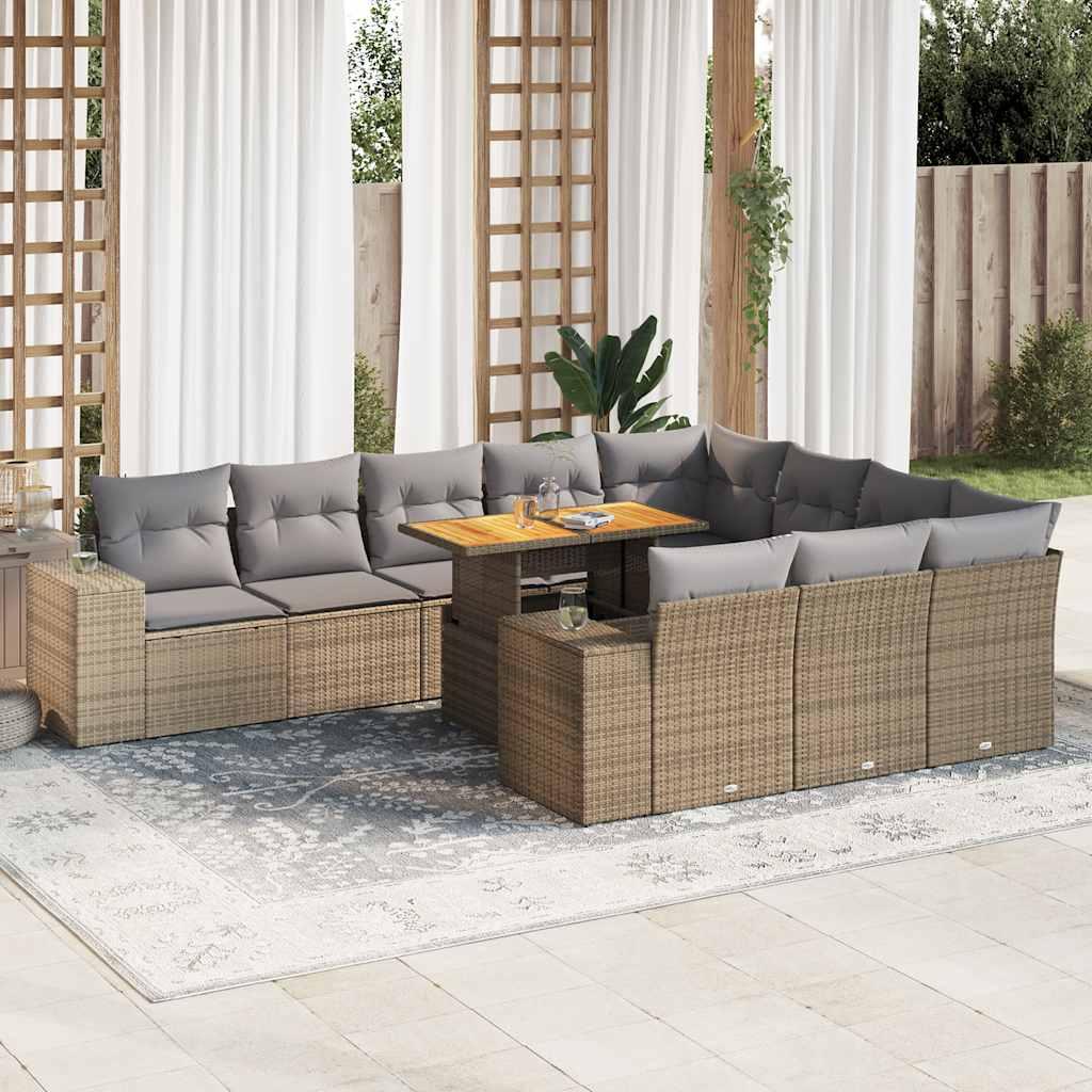 Sofasæt til haven 10 dele med hynder polyrattan akacietræ beige billede