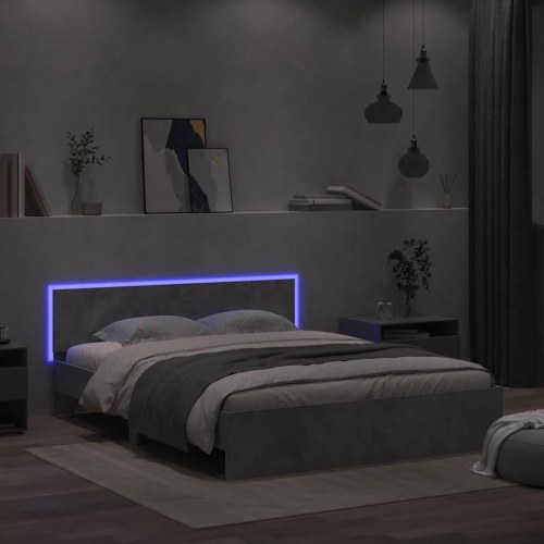 Sengeramme med sengegavl og LED-lys 150x200 cm - betongrå