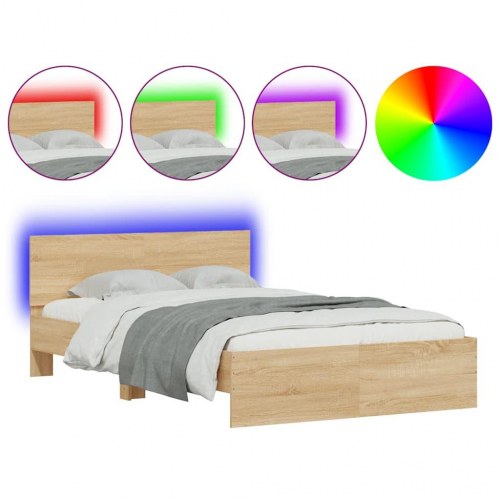 Sengeramme med sengegavl og LED-lys 140 x 200 cm - sonoma-eg