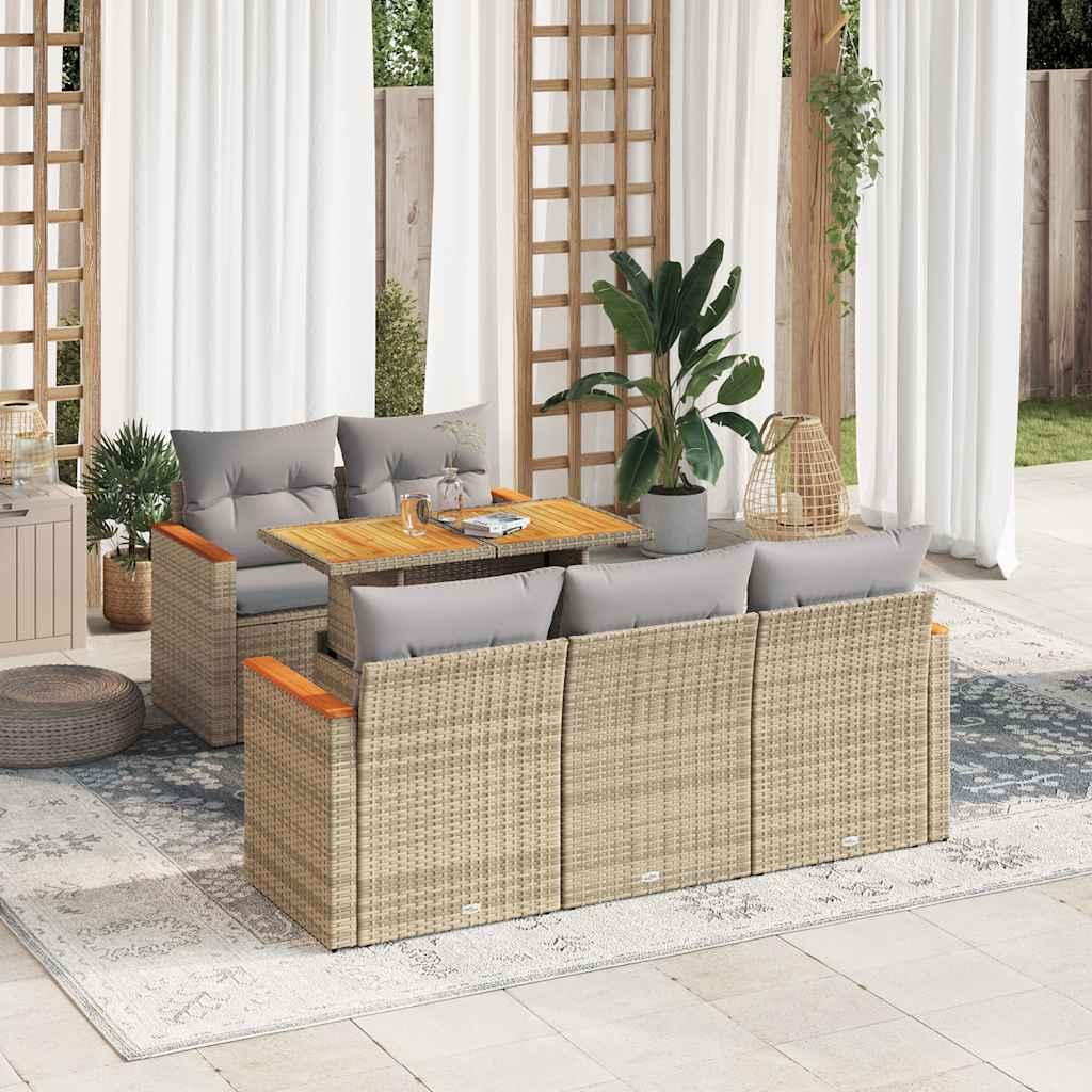 Sofasæt til haven 6 dele med hynder polyrattan akacietræ beige billede