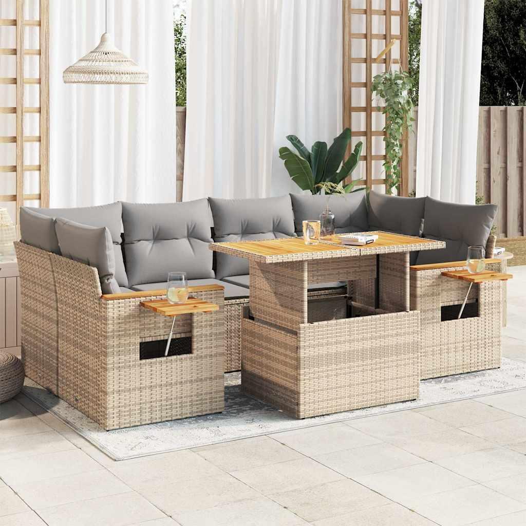 Sofasæt til haven 7 dele med hynder polyrattan akacietræ beige billede