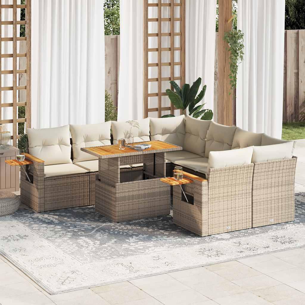 Sofasæt til haven i polyrattan med akacietræ, 9 dele - beige billede