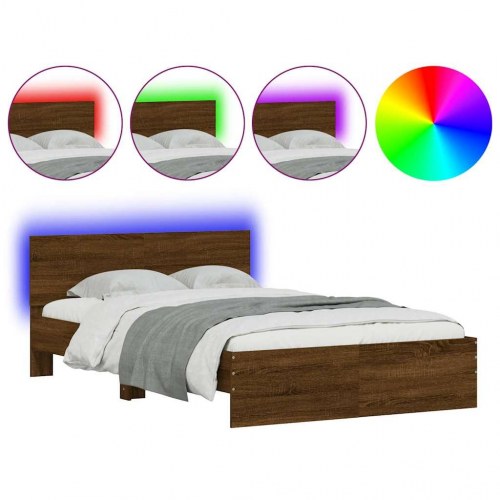 Sengeramme med gavl og LED-lys 140 x 190 cm - brun egetræ