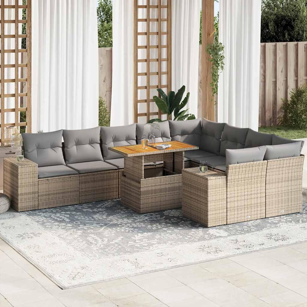 Sofasæt til haven 10 dele med hynder polyrattan akacietræ beige billede