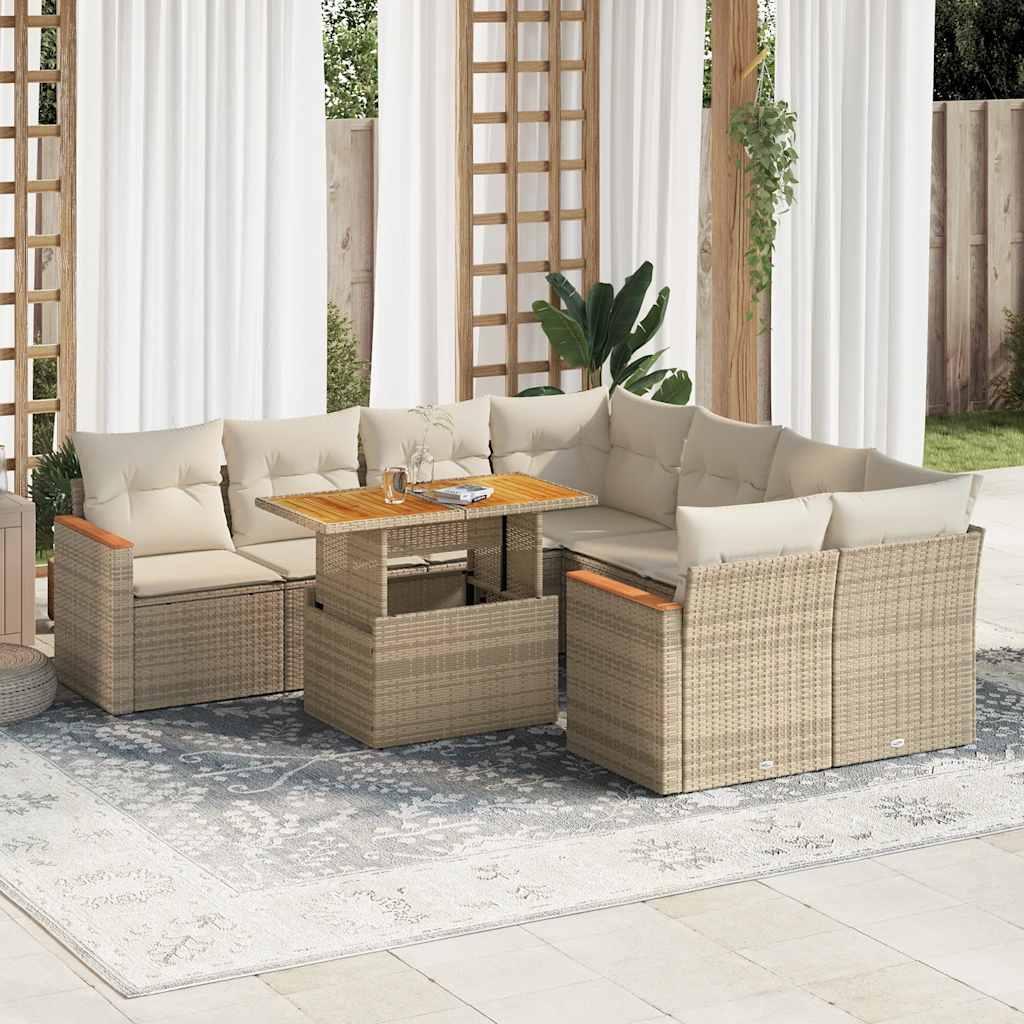 Sofasæt til haven i polyrattan og akacietræ - 9 dele med hynder, beige billede