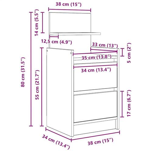 Sengebord med 2 skuffer 38x34x80 cm grå sonoma-eg