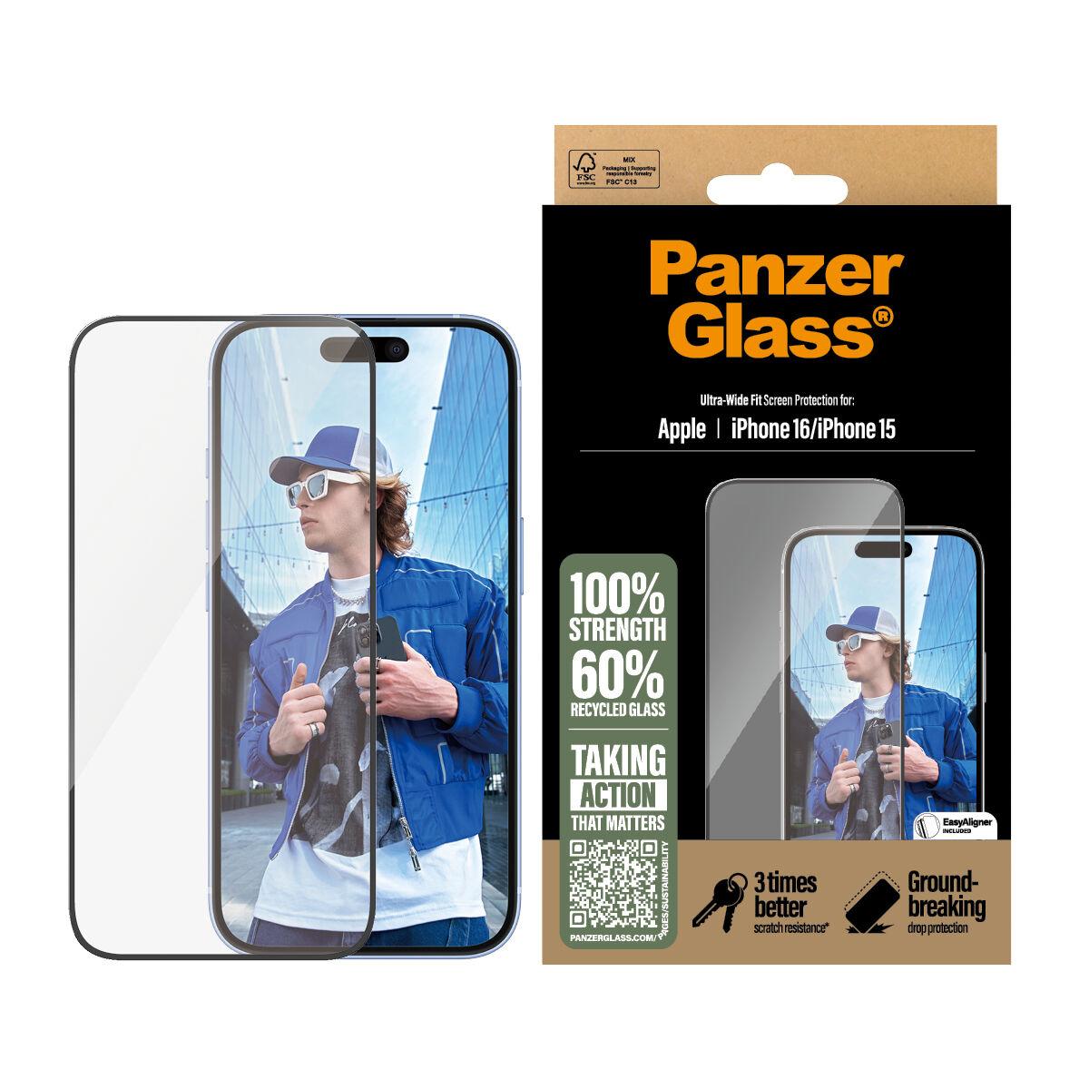 PanzerGlass - Skærmbeskytter for mobiltelefon - ultrabred pasform - glas - rammefarve sort - for Apple iPhone 15, 16