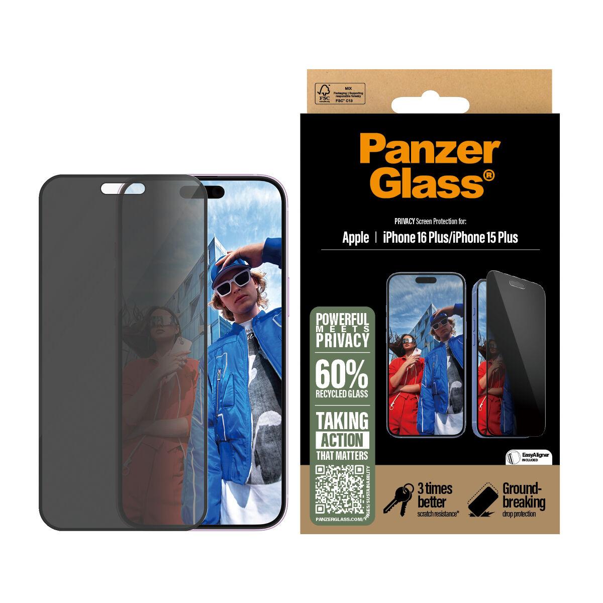PanzerGlass - Skærmbeskytter for mobiltelefon - ultrabred pasform - glas - med fortrolighedsfilter - 2-vejs - rammefarve sort - for Apple iPhone 16 Plus