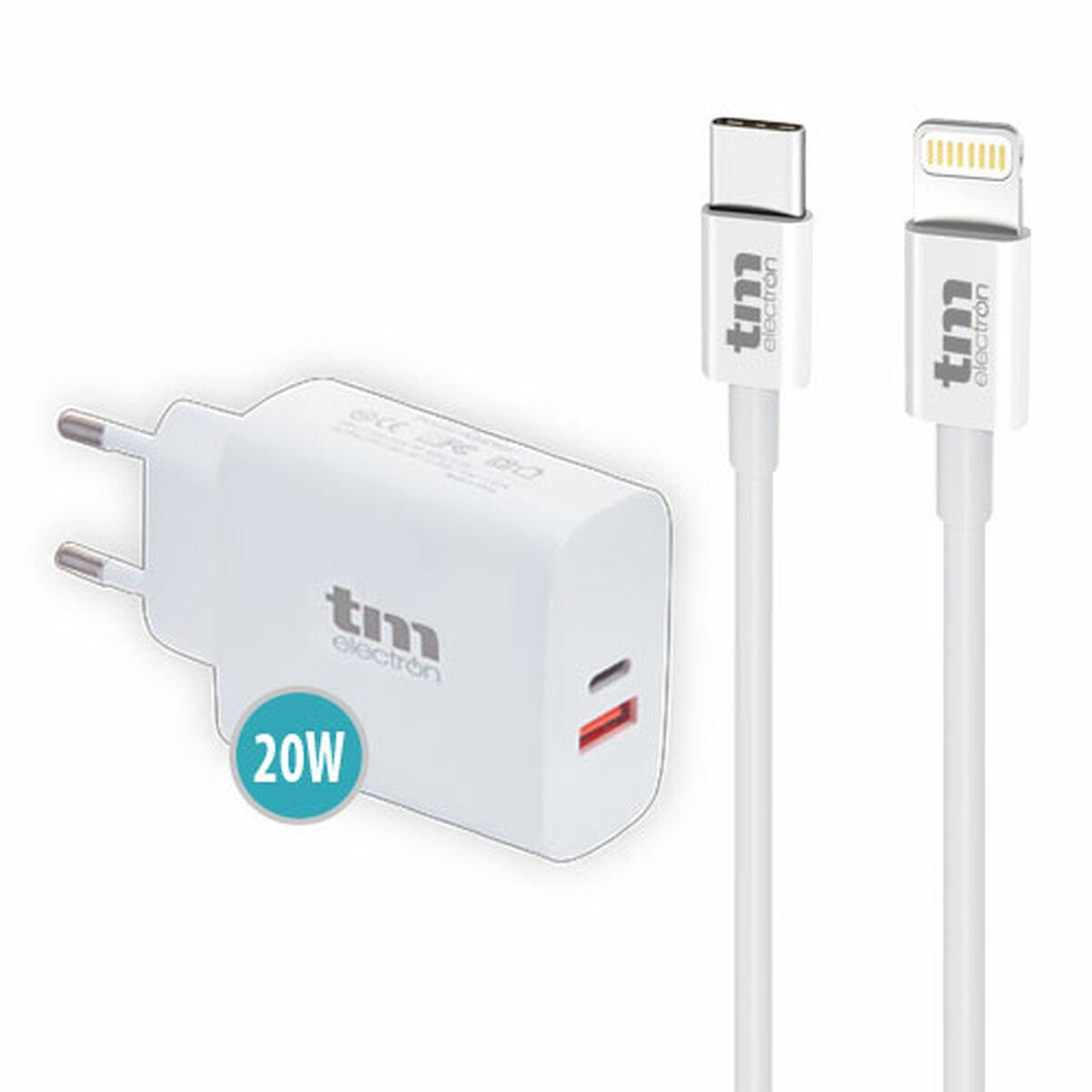 TM Electron vægoplader 20 W med Lightning/USB‑C (1,5 m kabel) - Hvid